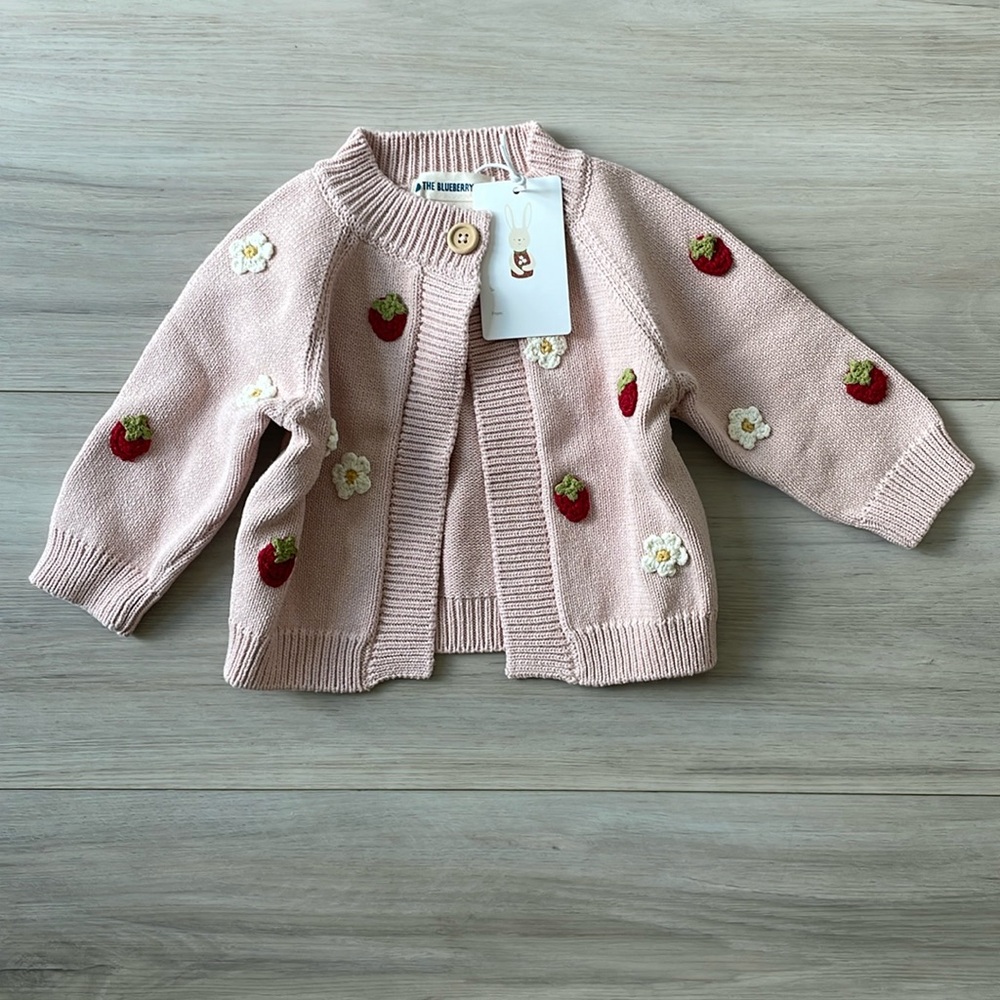 The Blueberry Hill Sweater Strawberry Flower Cardigan Pink Sz 12-24 months